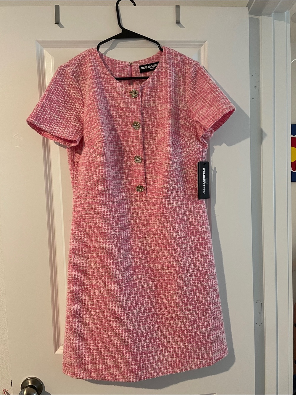 Karl Lagerfeld Pink Tweed Short-Sleeve A-Line Dress